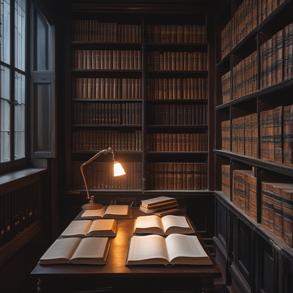 Dimly lit study room interior with rows of aged leather-bound books on dark wooden shelves, a single warm reading lamp illuminating a wooden desk with open books and documents, suggesting scholarly research and institutional knowledge