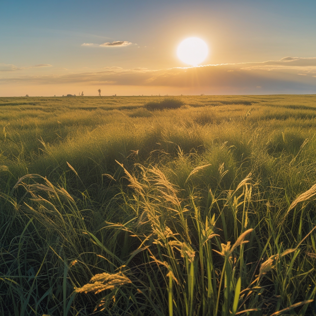 Bright open meadow bathed in strong golden midday sunlight with long grass swaying gently, clear blue sky visible above, conveying warmth and the relationship between sunlight and natural environments
