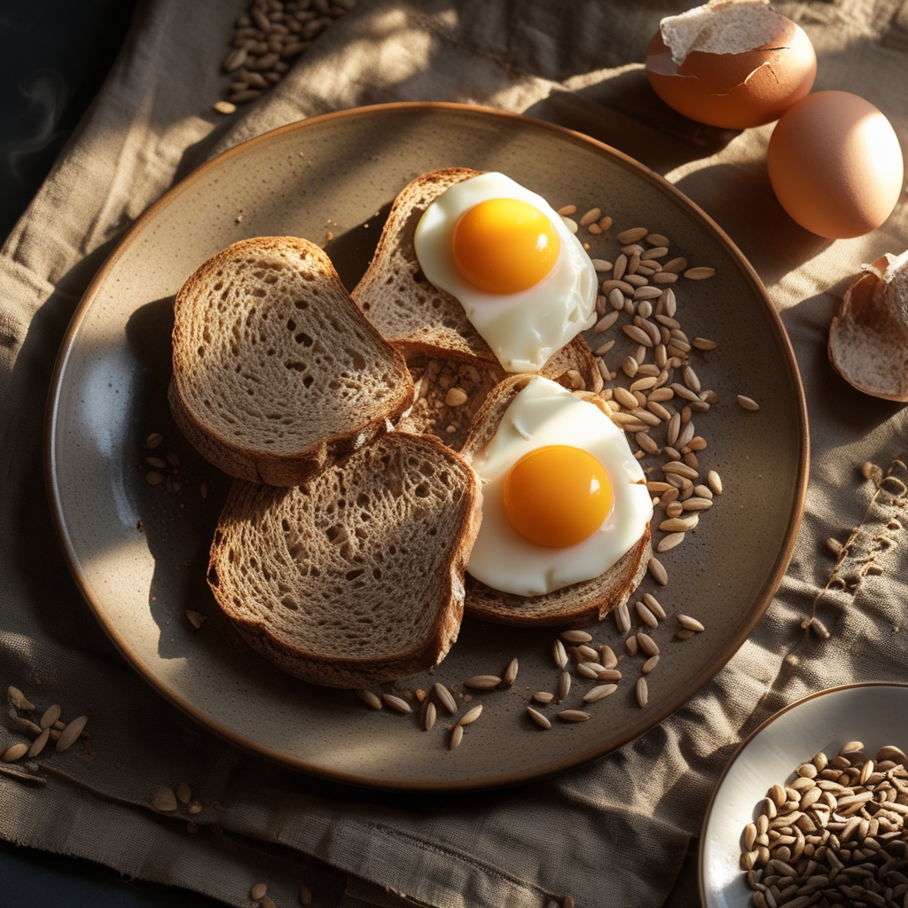 Close-up of whole grain bread slices, brown eggs, and a scattering of sunflower seeds and whole grains on a warm textured linen surface with natural window light creating soft shadows and warm tones