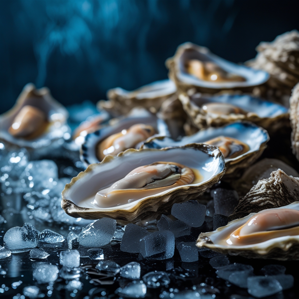 Macro close-up of raw oyster shells and fresh oysters on crushed ice with water droplets reflecting cool blue light on a dark background with moody cinematic lighting showing natural textures
