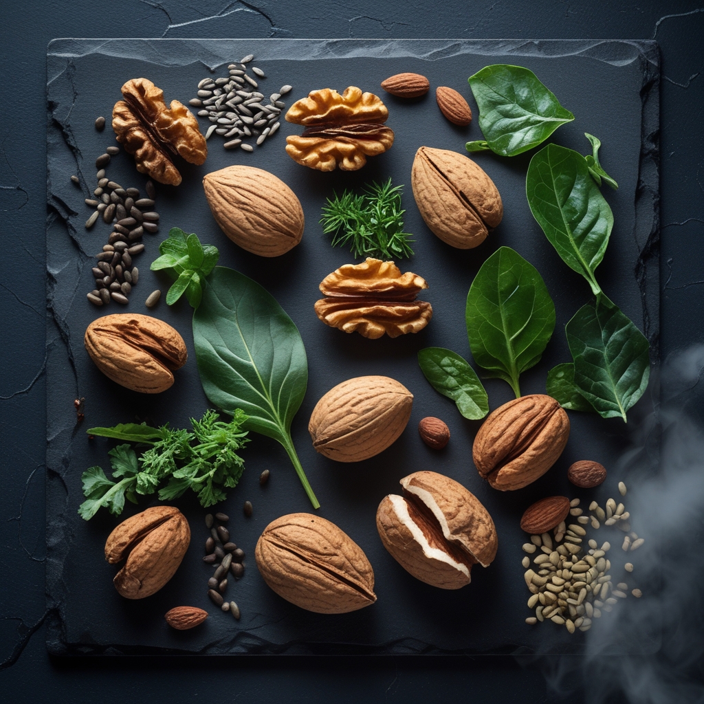 Overhead flat lay of a diverse arrangement of whole natural foods including walnuts, almonds, seeds, dried legumes, fresh herbs and leafy greens on a dark slate surface with dramatic directional lighting